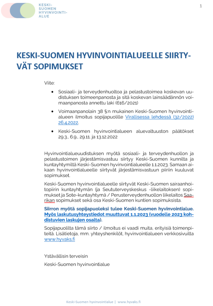 Keski-Suomen hyvinvointialueelle siirtyvät sopimukset