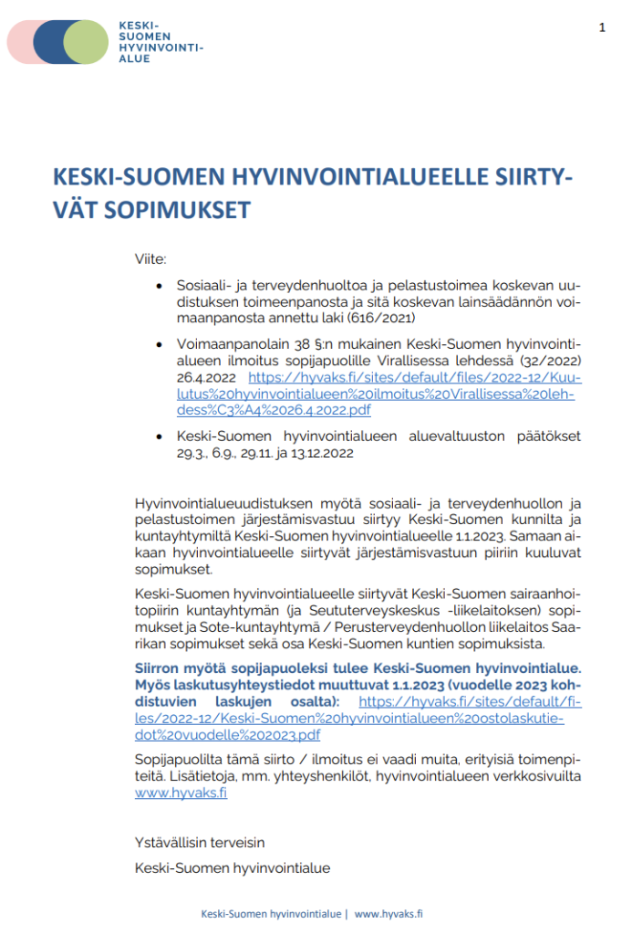 Keski-Suomen hyvinvointialueelle siirtyvät sopimukset