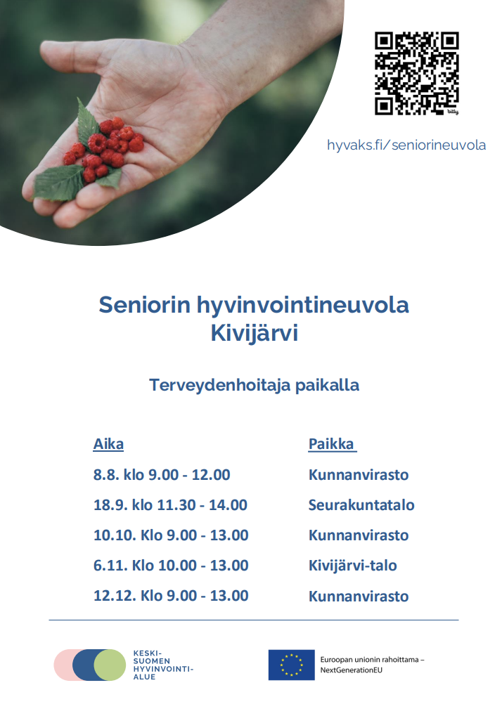 Kuva, jossa syksyn seniorin hyvinvointineuvolan aikataulu Kivijärvellä