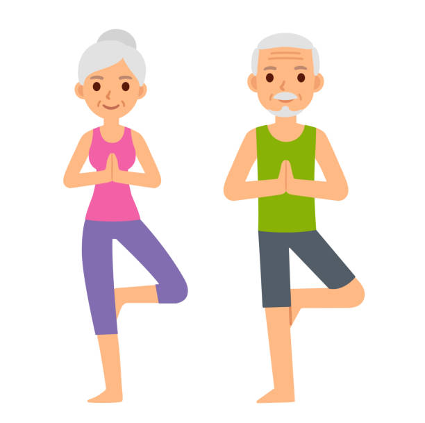 Seniors doing yoga Cute cartoon senior couple doing yoga, illustration isolated on white background. Older man and woman in tree pose. Modern minimal flat vector style. elderly gymnastics cartoon stock illustrations