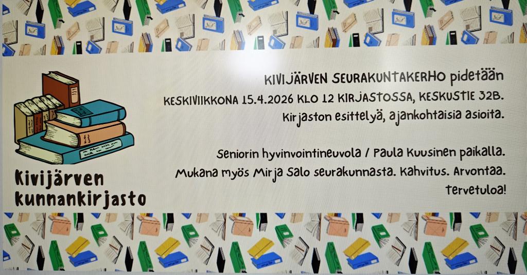 seurakuntakerho kirjastossa 15 huhtikuuta kello 12