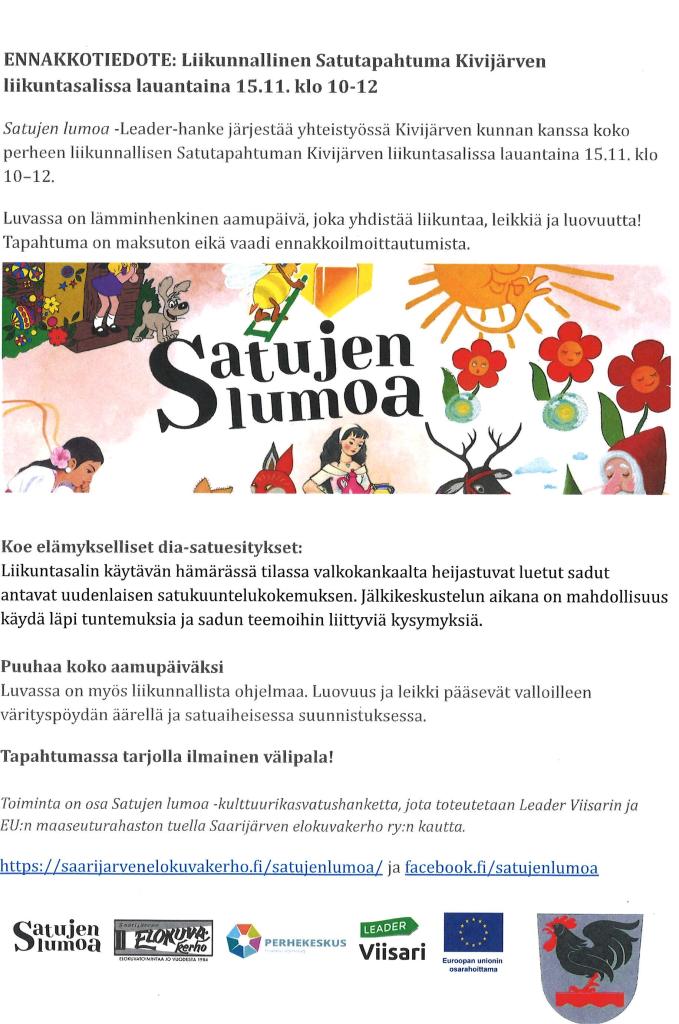 liikunnallinen satutapahtuma lapsille 15. marraskuuta liikuntasalissa