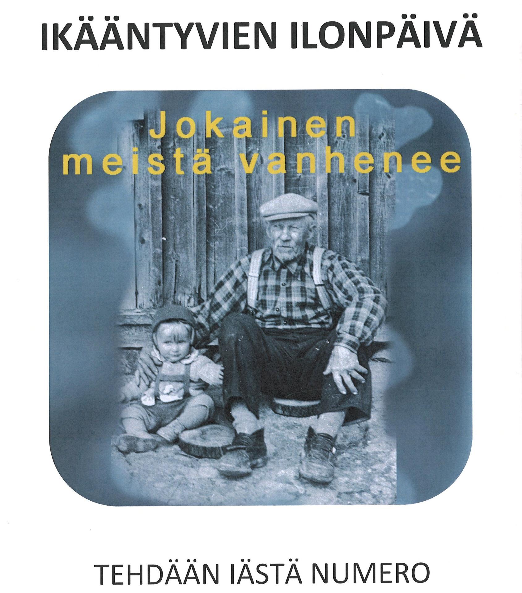 Kuva Vanhus ja pieni lapsi istuvat vierekkäin, vanhuksen käsi lapsen hartioilla. Tekstinä Jokainen meistä vanhenee, tehdään iästä numero